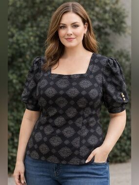 Liz Claiborne Black Top with Silver Medallion Print